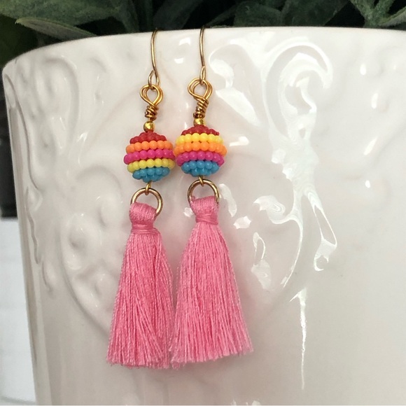 New Rainbow Bead Pink Tassel Fringe Fun Dangle Drop Handmade Boho Chic Earrings - Picture 5 of 6